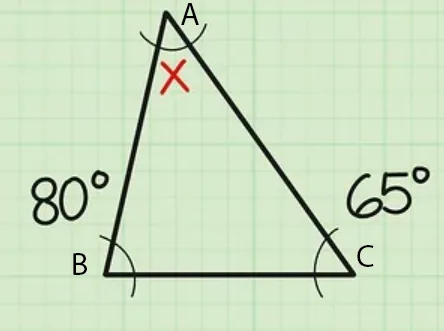 Triangle ABC : l'angle en B mesure 80°, l'angle en C mesure 65°, l'angle en A est inconnu.
