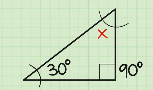 Triangle rectangle : un angle droit de 90°, un angle de 30°, le troisième angle est inconnu.