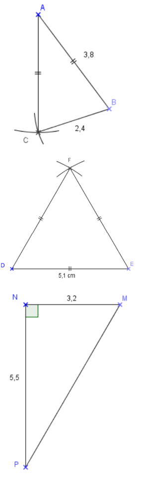 Les trois triangles construits : ABC isocèle en A, DEF équilatéral de côté 5,1 cm, MNP rectangle en N.