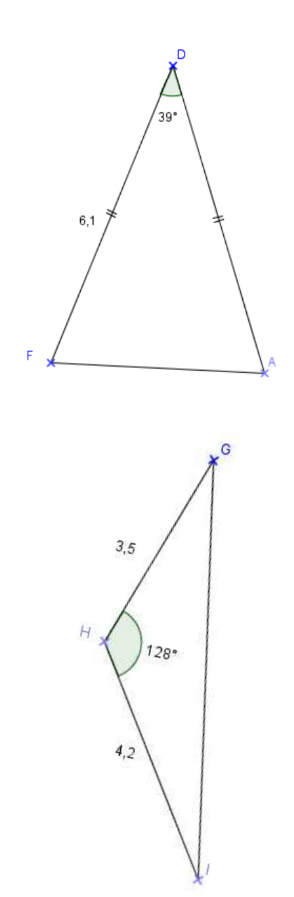 Le triangle isocèle avec un angle de 39° au sommet principal, et le triangle GHI avec un angle de 128° en H.