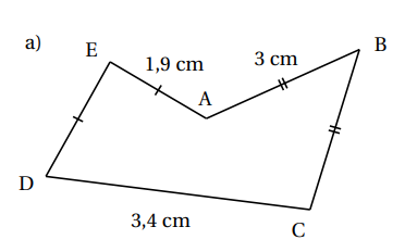 Pentagone ABCDE : EA = 1,9 cm, AB = 3 cm, DC = 3,4 cm ; AB et BC sont marqués du même signe, ED et EA aussi.