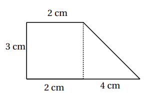 La figure découpée en un rectangle de 2 cm sur 3 cm et un triangle rectangle de côtés 3 cm et 4 cm.