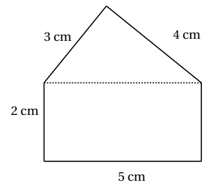La figure découpée en un rectangle de 5 cm sur 2 cm et un triangle rectangle de côtés 3 cm et 4 cm.