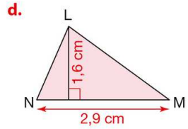 Triangle LNM : base NM = 2,9 cm, hauteur issue de L = 1,6 cm.