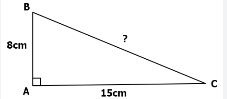 Triangle ABC rectangle en A, avec AB = 8 cm et AC = 15 cm.