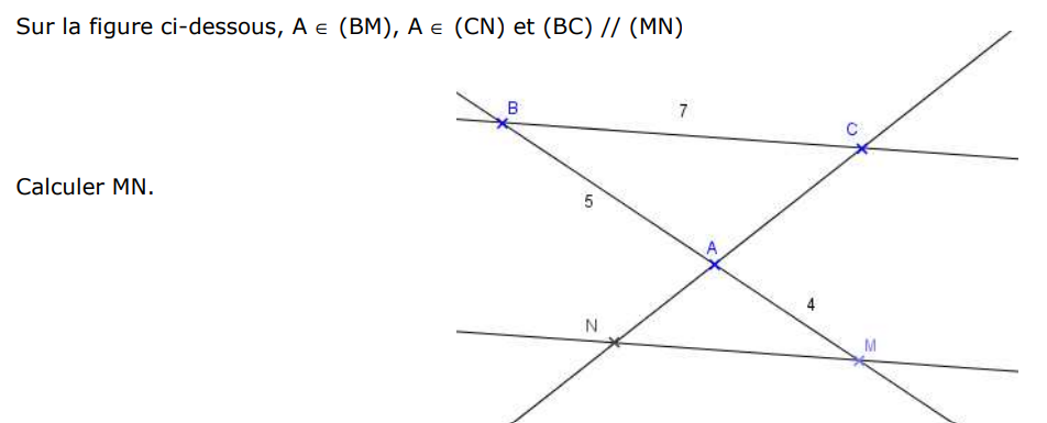 Figure en papillon : les droites (BM) et (CN) se coupent en A. AB = 5, AM = 4 et BC = 7.