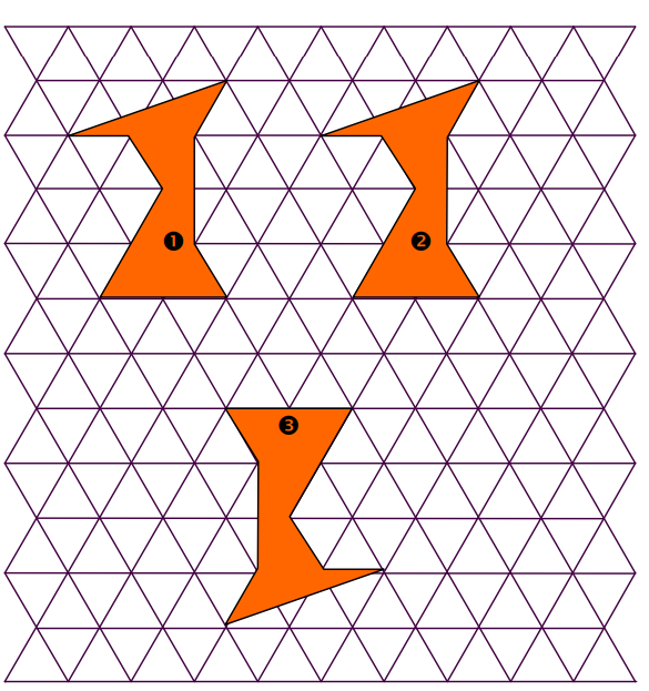 Grille triangulaire avec trois figures orange : la figure 2 est décalée vers la droite, la figure 3 est retournée.